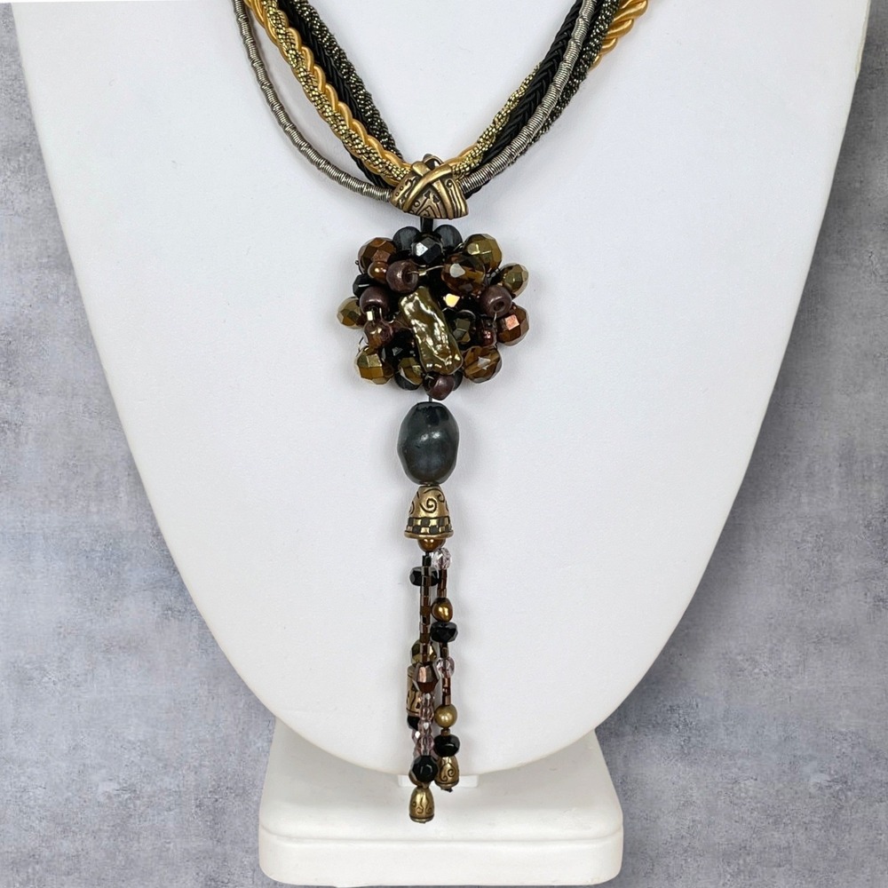 Chicos‎ Multi Strand Beaded Tassel Pendant Necklace Gold Black Bronze Statement